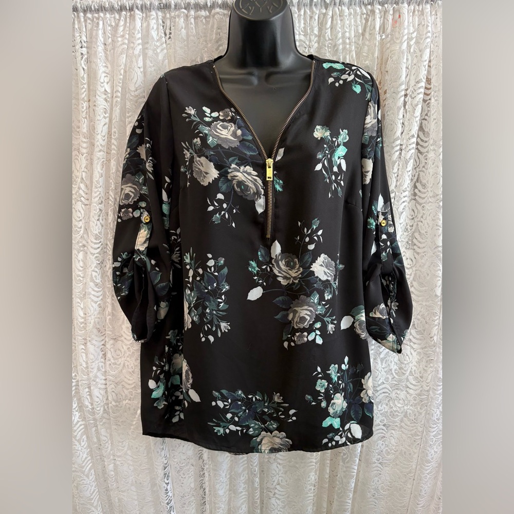 Black Floral Zip-Front Tunic with Teal Accents - Picture 2 of 4